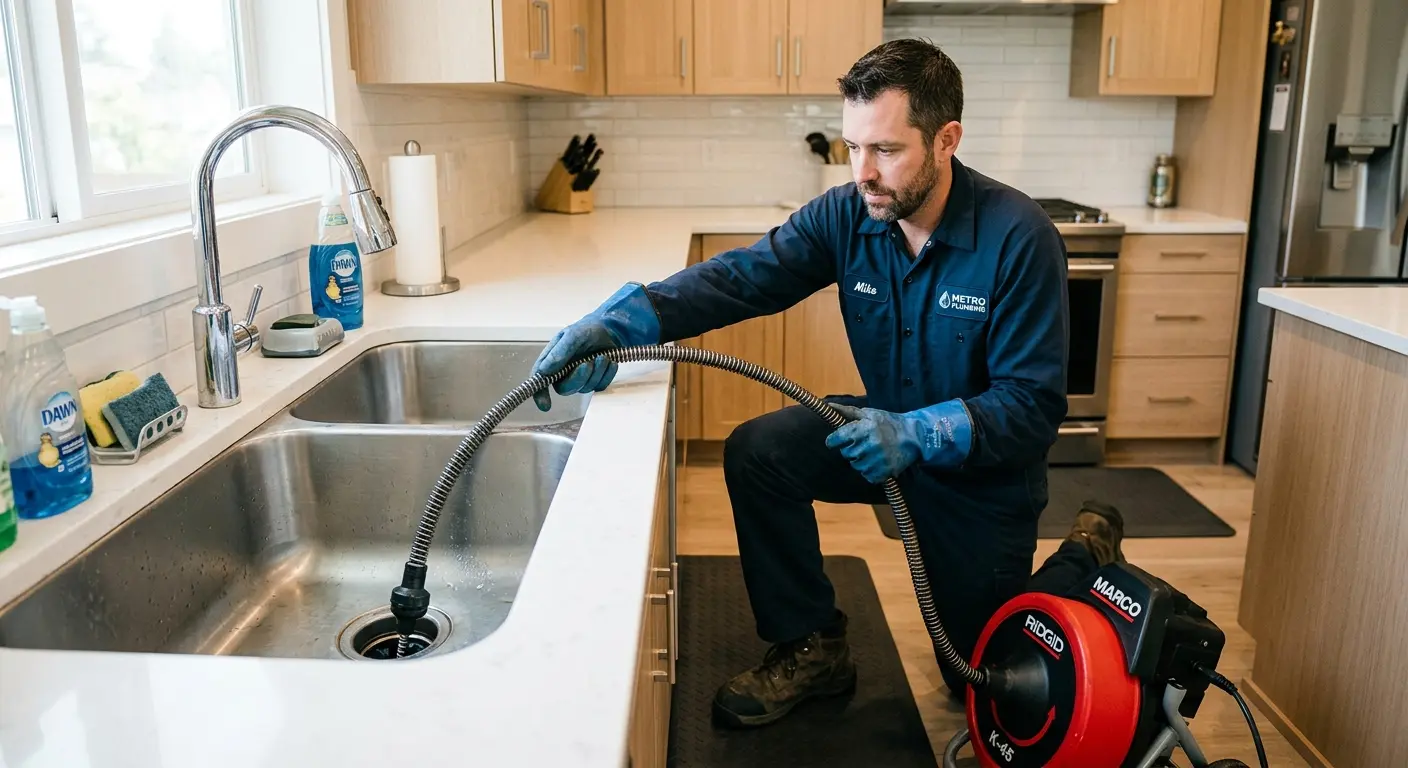 Drain cleaning technician using a motorized snake on a kitchen sink in East Donegal