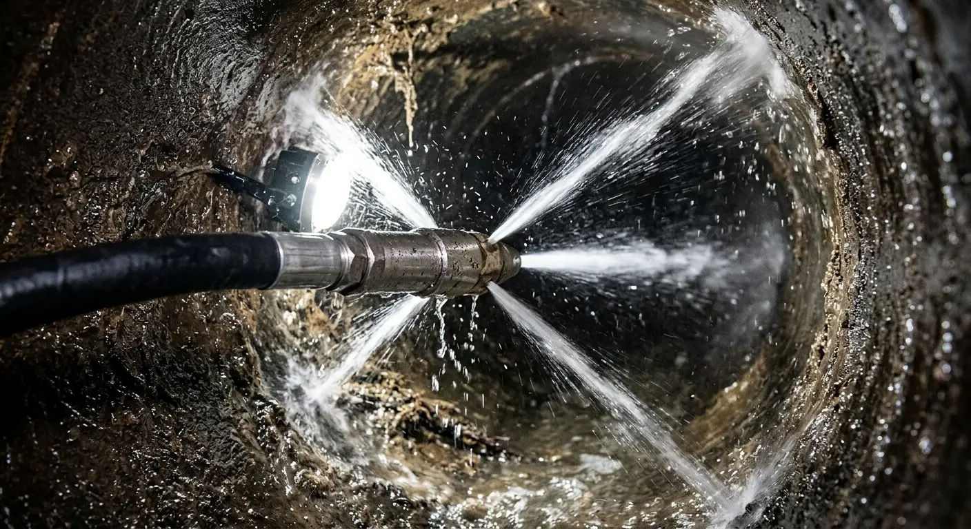 High-pressure hydro jetting nozzle cleaning sewer pipe for Storm Drain Cleaning in East Donegal