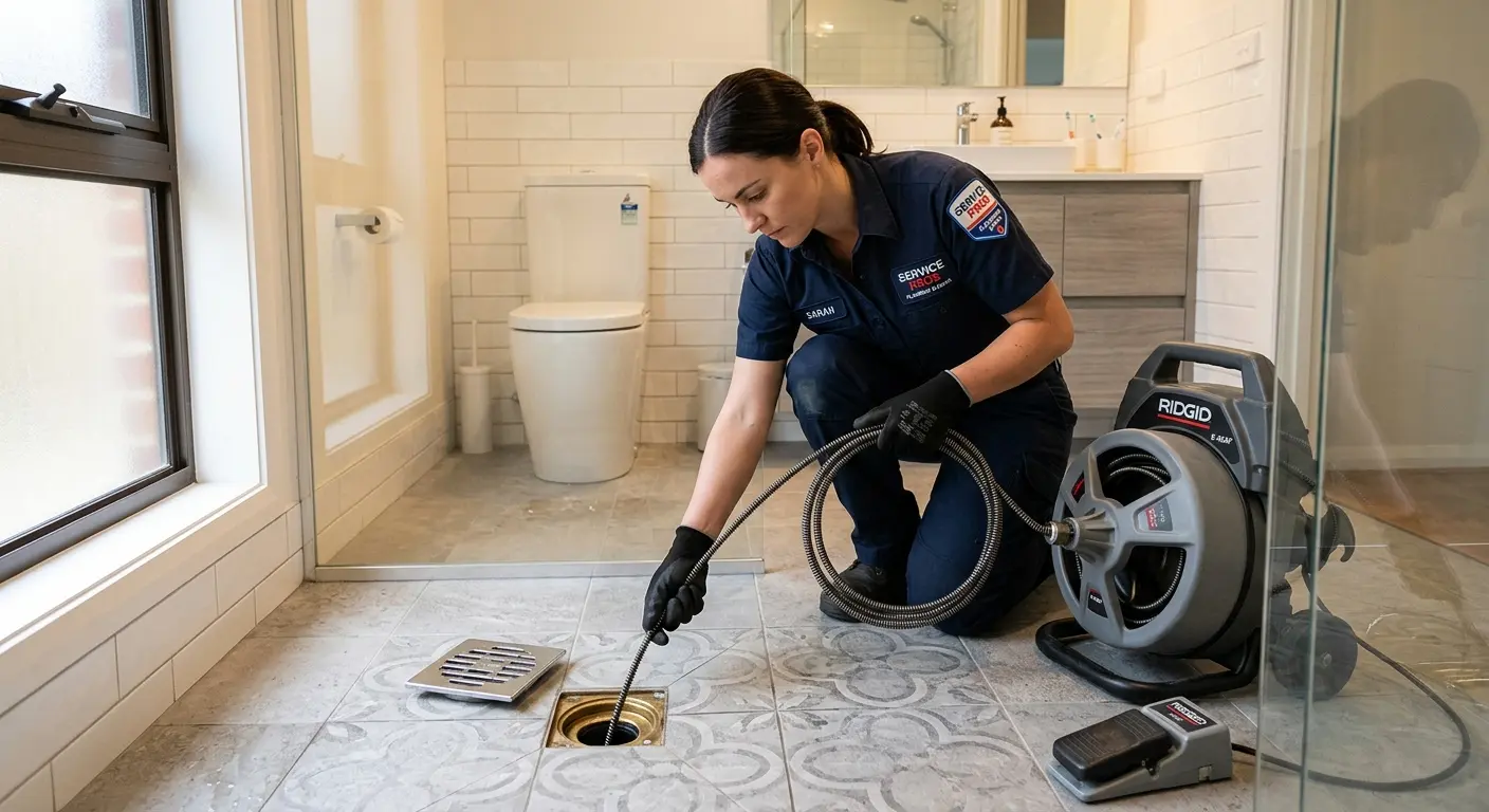Technician clearing a bathroom floor drain for Clogged Drain Repair in East Donegal